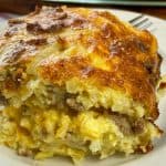 Close-up piece of sausage and hash brown breakfast casserole