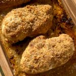 Easy breading on chicken breasts baked in garlic butter