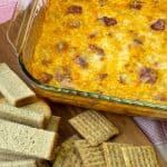 9x13 pan with baked corned beef reuben dip or spread