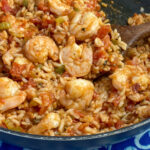Meaty shrimp jambalaya with rice, vegetables and tomatoes