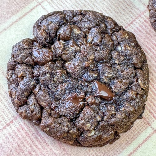 Close up of a chocolate cookie filled with oatmeal and chocolate chips showing all of the hearty texture from oats and delicious flavor from freshly melted chocolate.