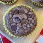 Close up of a moist brownie cupcake with chocolate chips baked in the top for an extra fudgy taste.