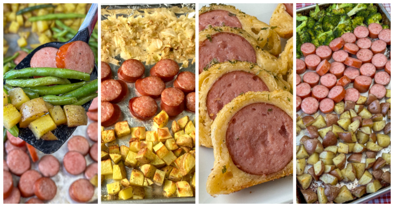 Collage of sheet pan, baked and air fryer recipes with Kielbasa.