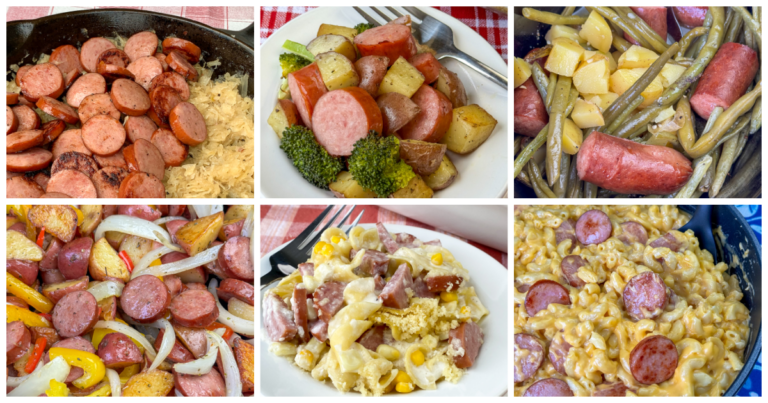 Collage of several delicious meals with Kielbasa that include sauerkraut, potatoes, broccoli, green beans, onions, peppers, pasta and noodles.