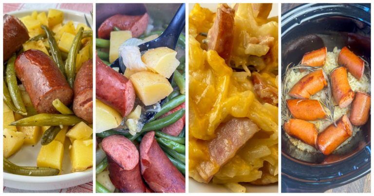 Collage of four easy slow cooker Kielbasa meals.