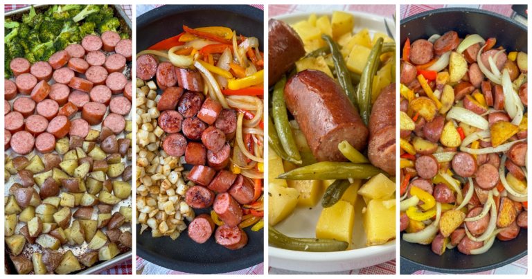 Collage of Kielbasa sausage recipes with potatoes that are prepared in a variety of way.
