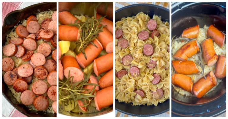 Collage of sauerkraut and Kielbasa recipes made in a skillet, crock pot and instant pot.
