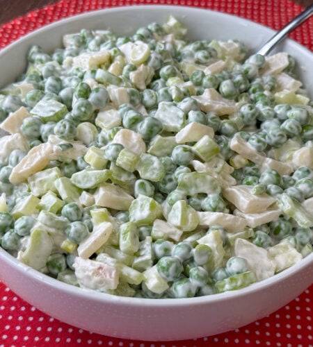 An Asian twist of chopped water chestnuts stirred into celery, onions and peas in a light, creamy mayo and sour cream sauce.