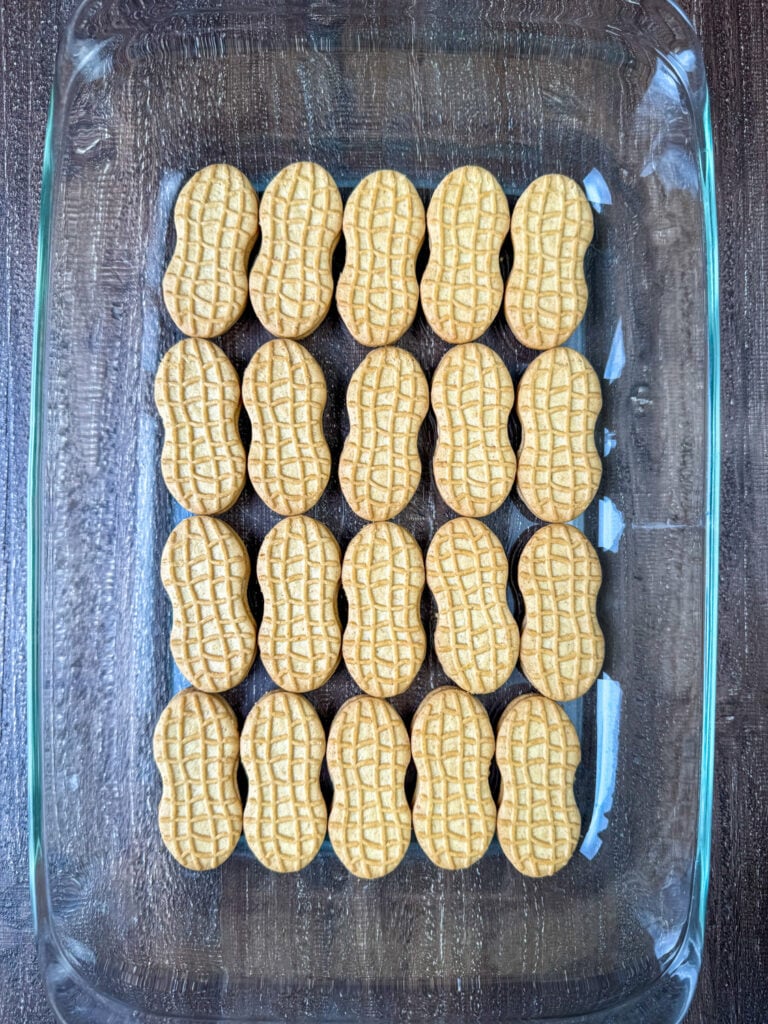 A single layer of Nutter Butter Cookies in the bottom of a 9 x 13" glass baking pan.
