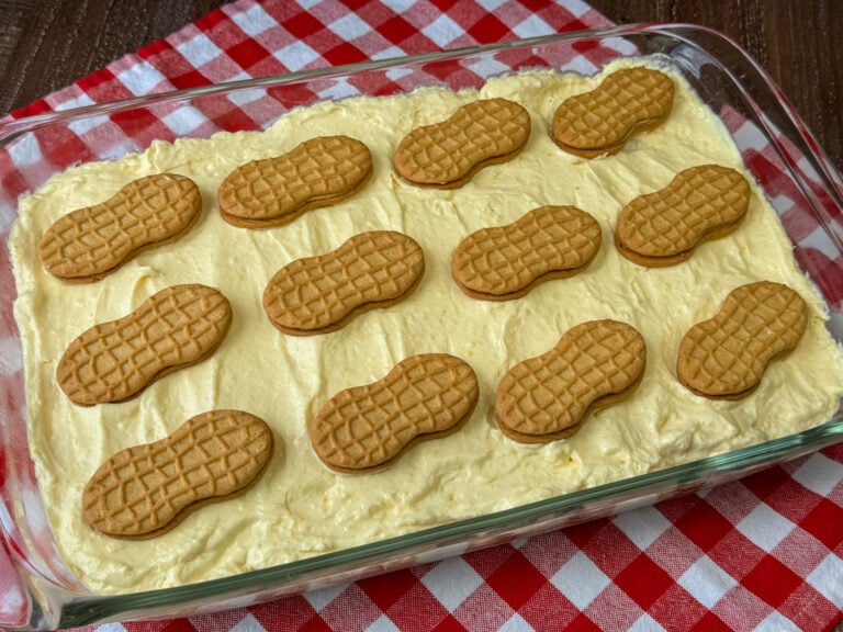 Side view of peanut butter cookies enhancing a rich, creamy and delicious pan of banana pudding on a red and white plaid napkin.