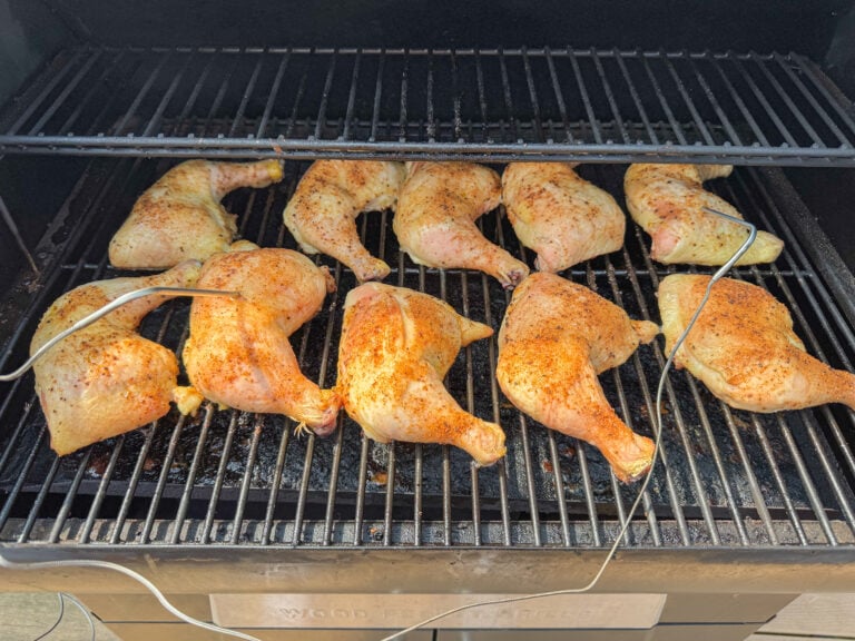 Ten chicken quarters arranged on a preheated electric smoker with thermometer probes inserted into the thigh portion.