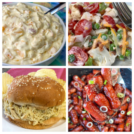 Collage of the most popular potluck dishes including overnight salad, little smokies, shredded chicken sandwiches and fruit salad with Cool Whip.