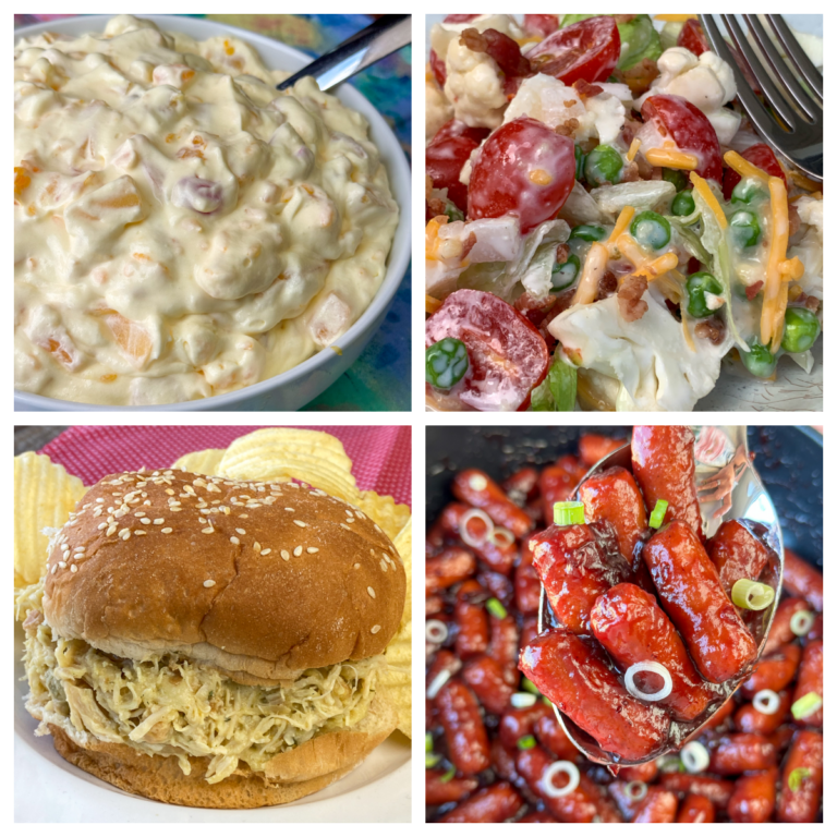 Collage of the most popular potluck dishes including overnight salad, little smokies, shredded chicken sandwiches and fruit salad with Cool Whip.