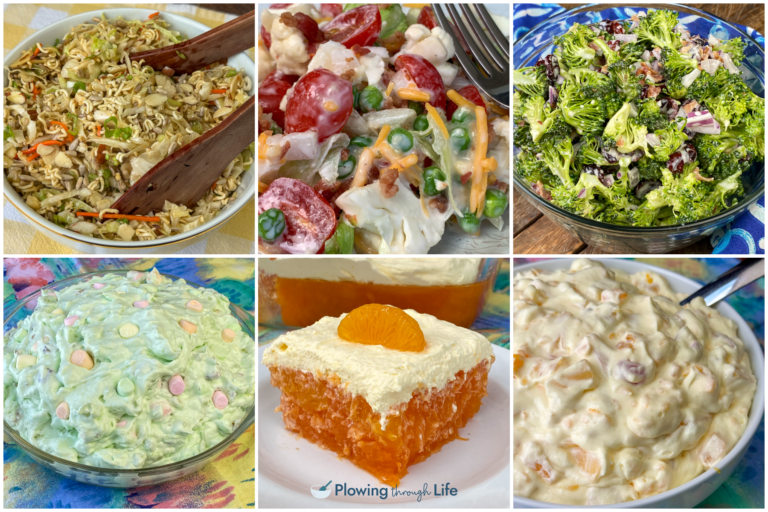 Collage of midwest potluck salad recipes from broccoli salad and ramen cabbage salad to a variety of jello, pudding and fruit salads with Cool Whip.