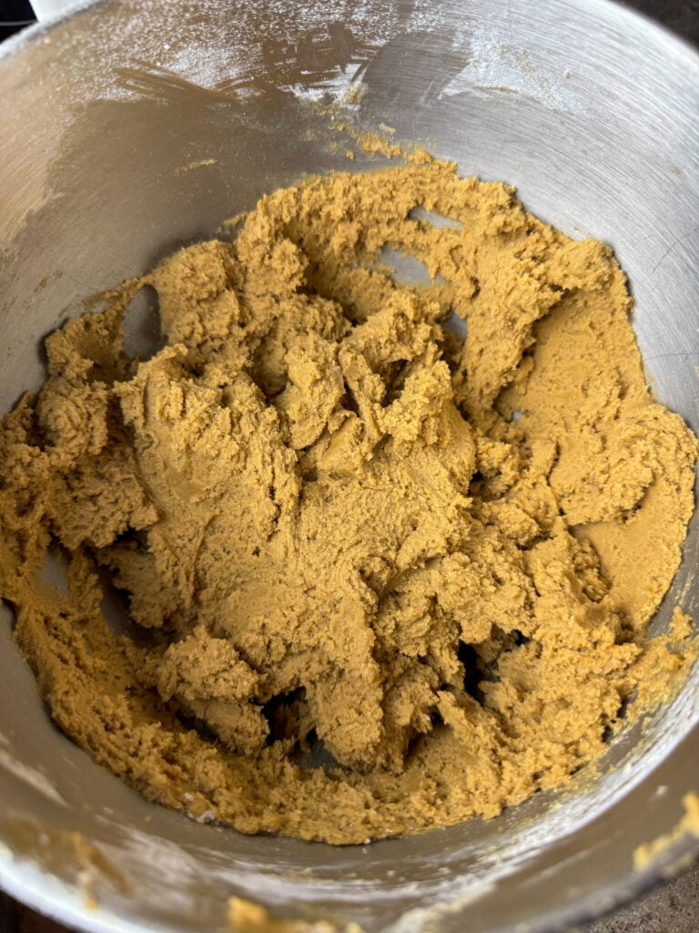 Old fashioned caramel cookie dough in a mixing bowl.