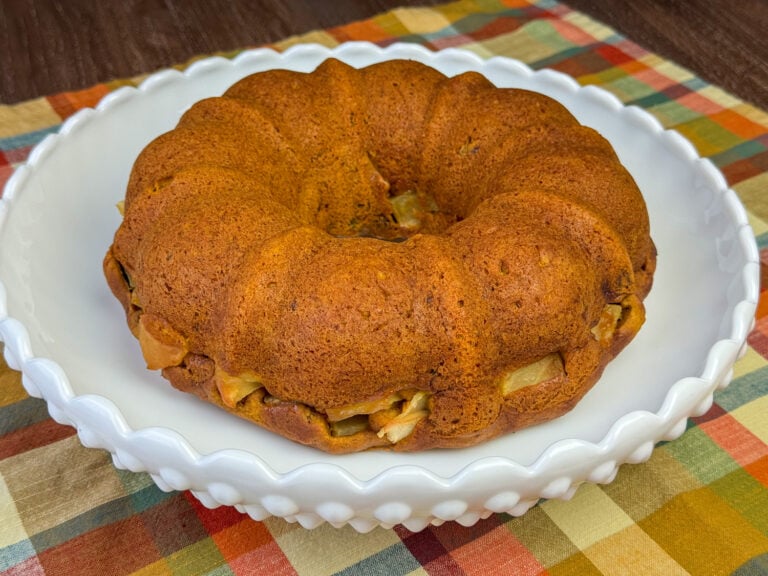 Side view of a beautiful pumpkin spice bundt cake with chopped apples mixed in resting on an autumn colored plaid napkin.