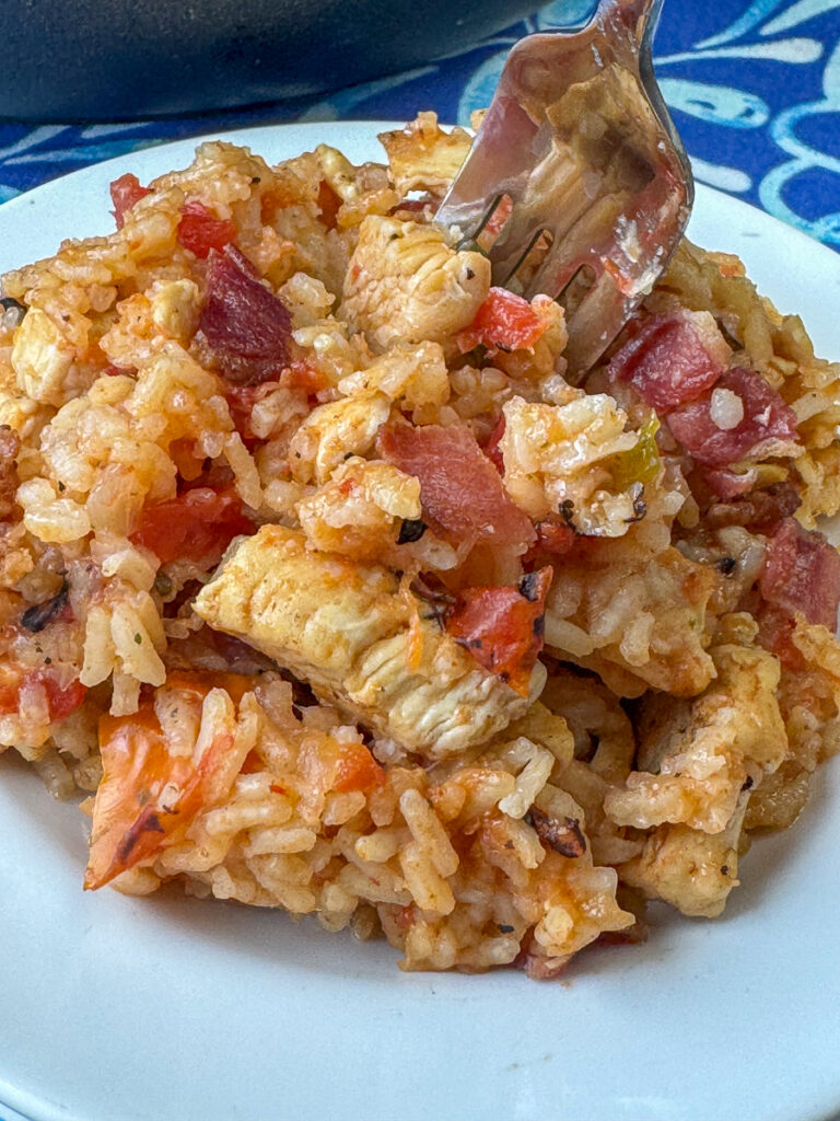 Close up serving on a white plate of one pot chicken and rice with sweet fire roasted tomatoes and savory bacon on a blue and white napkin.