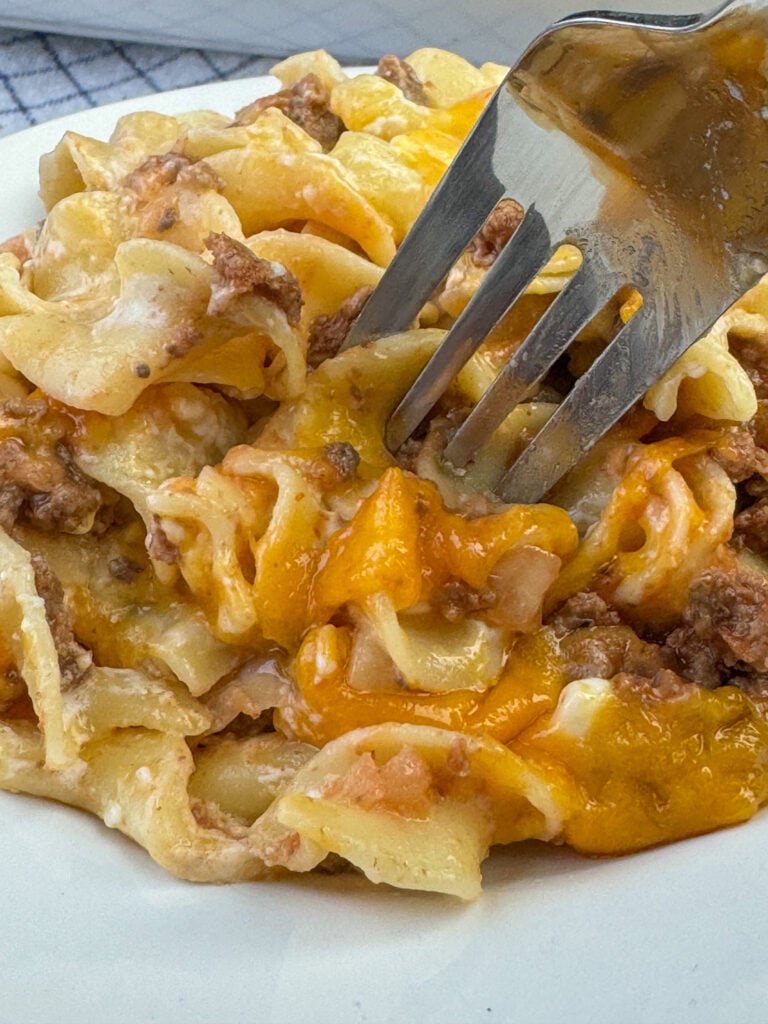 Side view of a serving of an old fashioned sour cream noodle bake with bits hamburger in noodles with cottage cheese and sour cream and cheddar cheese melted on top.